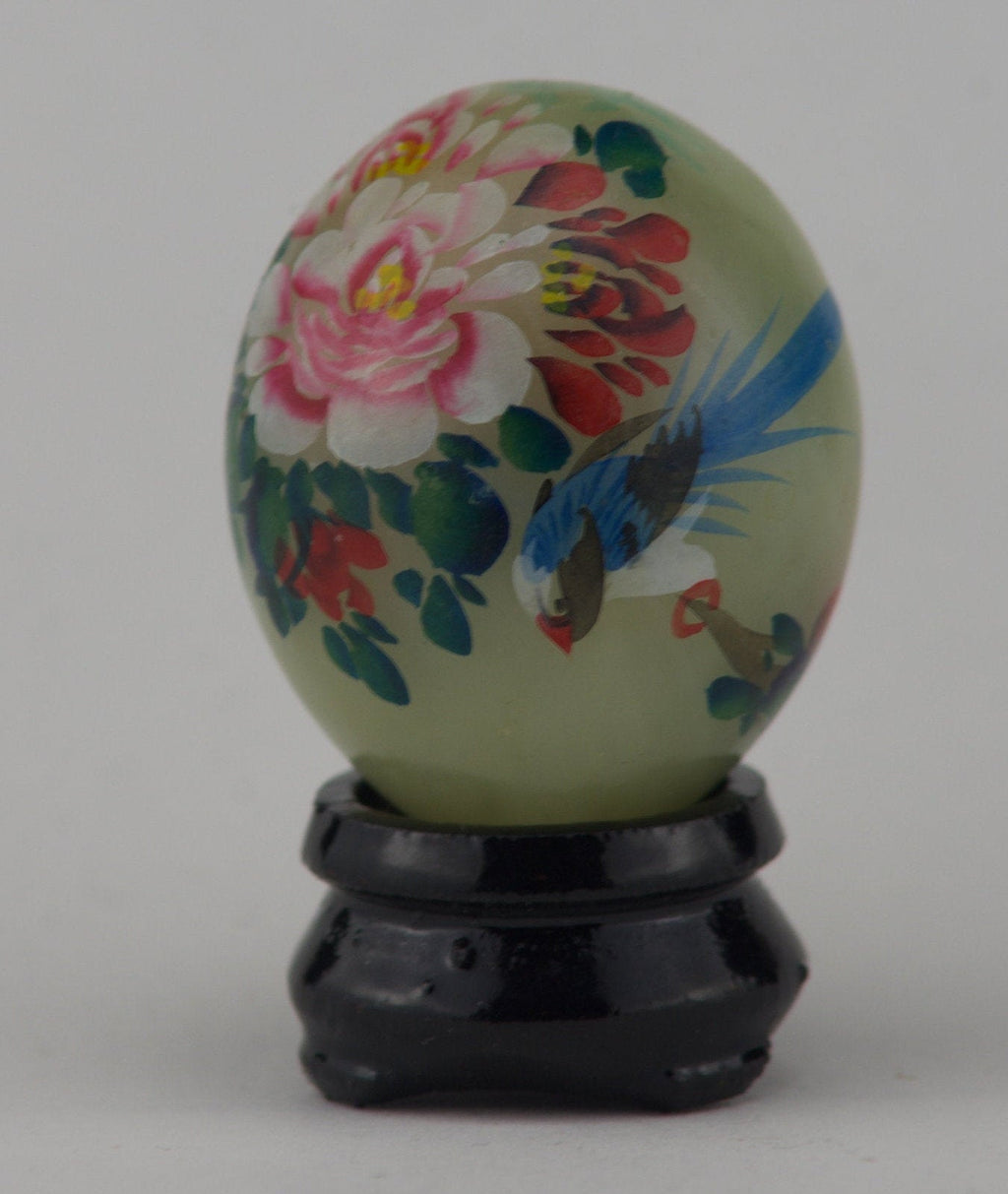 Hand Painted Carved Jade Egg - Blue Bird/Pink Flower