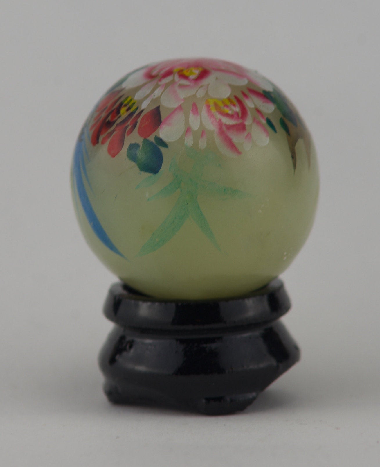 Hand Painted Carved Jade Egg - Blue Bird/Pink Flower