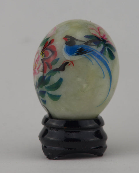 Hand Painted Carved Jade Egg - Blue Bird/Pink Flowers