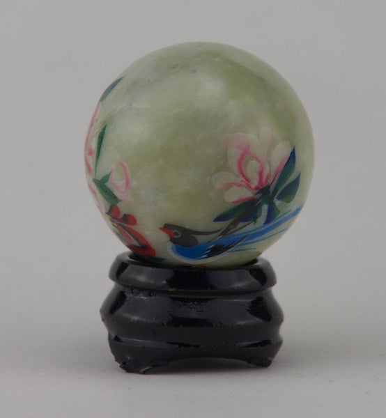 Hand Painted Carved Jade Egg - Blue Bird/Pink Flowers