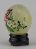 Hand Painted Carved Jade Egg - Red Bird/White Flowers
