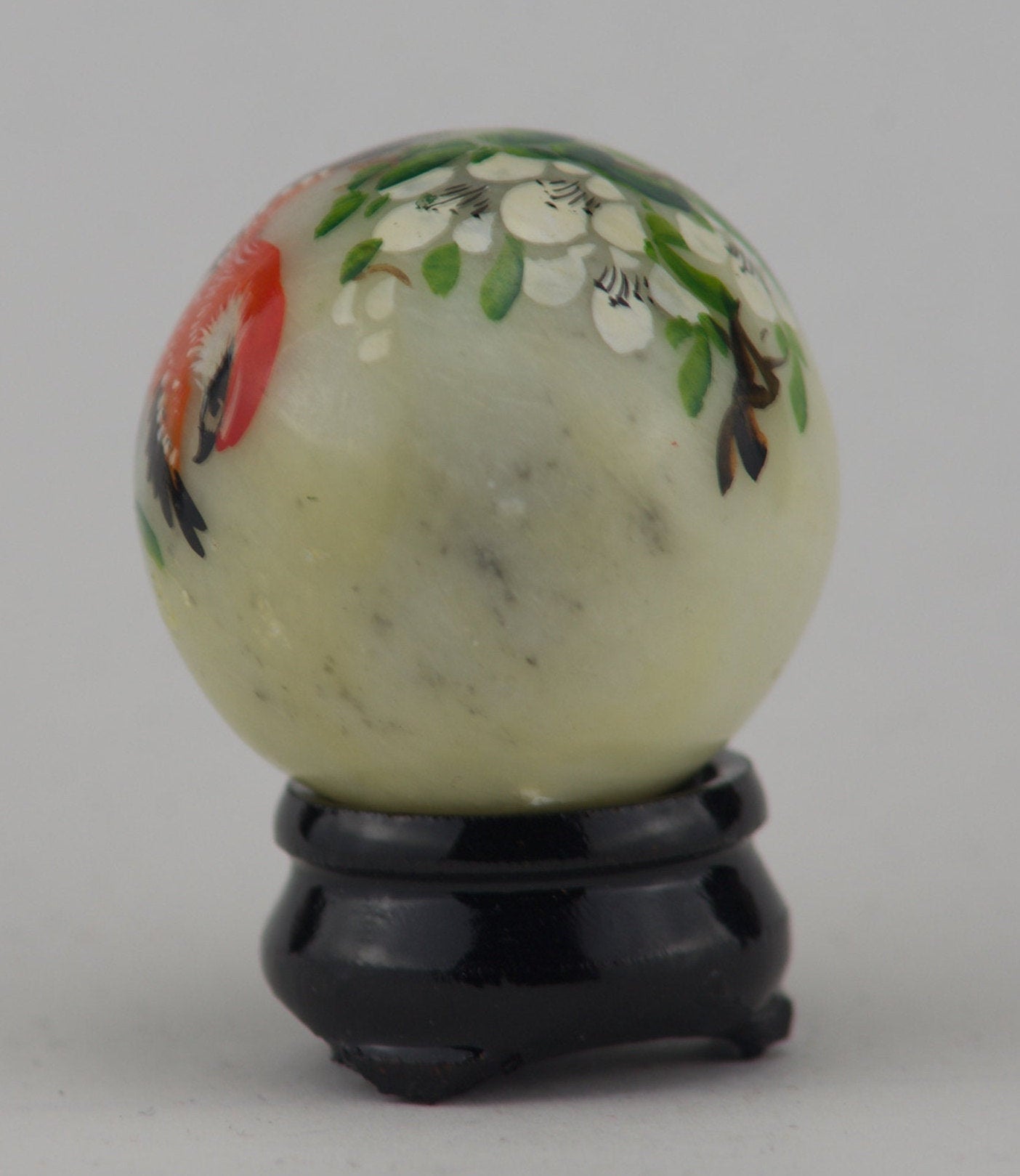 Hand Painted Carved Jade Egg - Red Bird/White Flowers