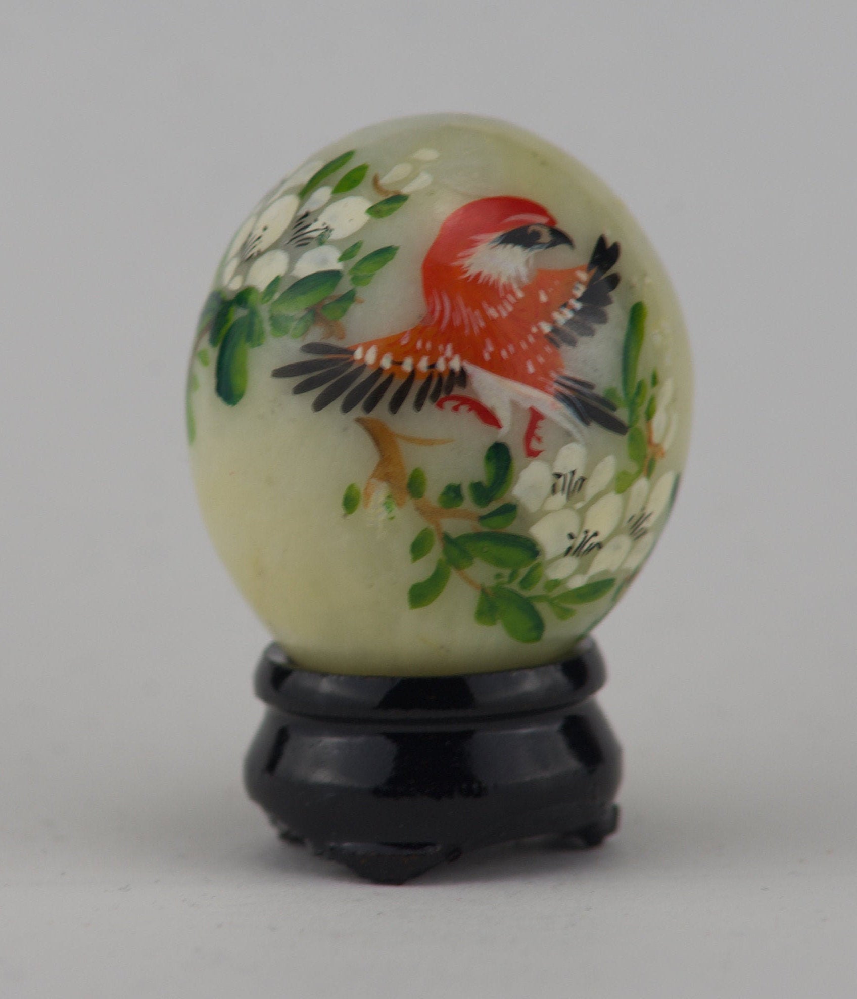 Hand Painted Carved Jade Egg - Red Bird/White Flowers