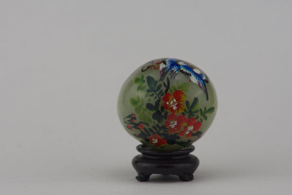 Hand Painted Carved Jade Egg - Blue Birds/Red Flowers