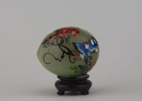 Hand Painted Carved Jade Egg - Blue Birds/Red Flowers