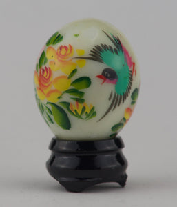 Hand Painted Carved Jade Egg - Colorful Bird/Yellow Flowers