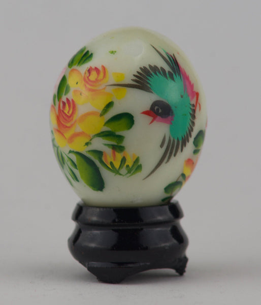 Hand Painted Carved Jade Egg - Colorful Bird/Yellow Flowers