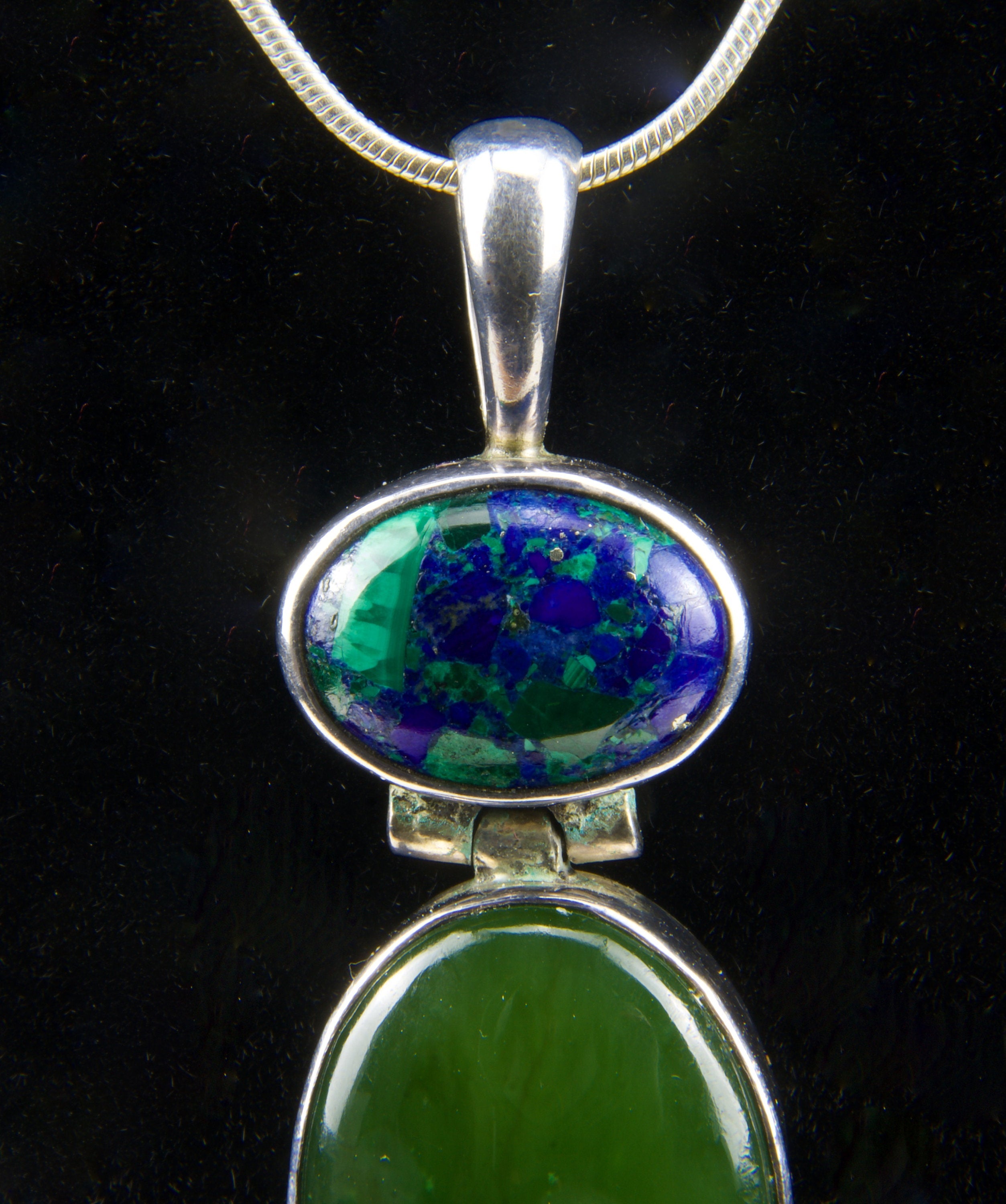 Beautiful Azurite/Malachite, Nephrite Jade, and Amethyst Sterling Pendant on Sterling Silver Chain