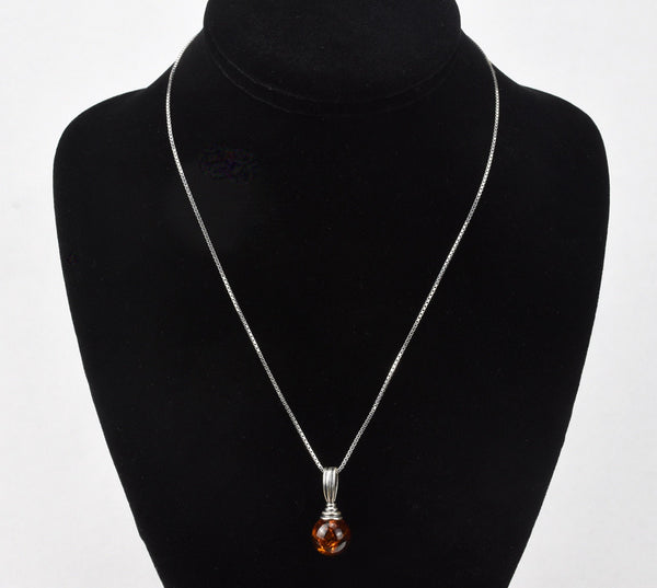Sterling Baltic Amber Pendant on Italian Box Link Silver Chain - 16"