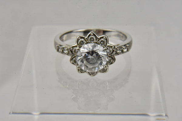 Sterling Silver Cubic Zirconia Flower Ring - Size 9.25