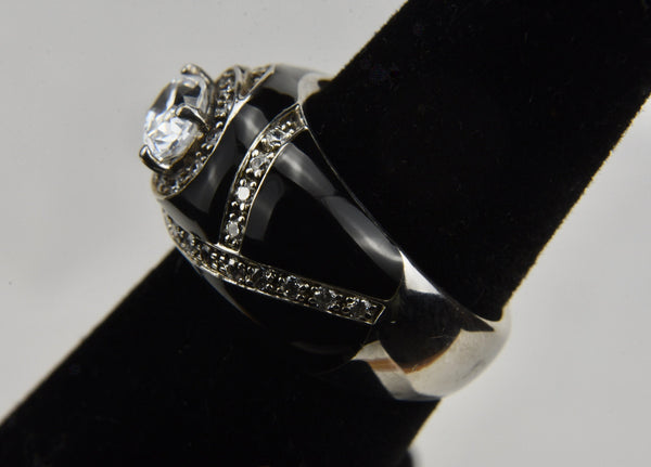 Beautiful Sterling Silver Ring Covered in Black Enamel and Cubic Zirconia - Size 5
