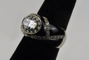 Beautiful Sterling Silver Ring Covered in Black Enamel and Cubic Zirconia - Size 5