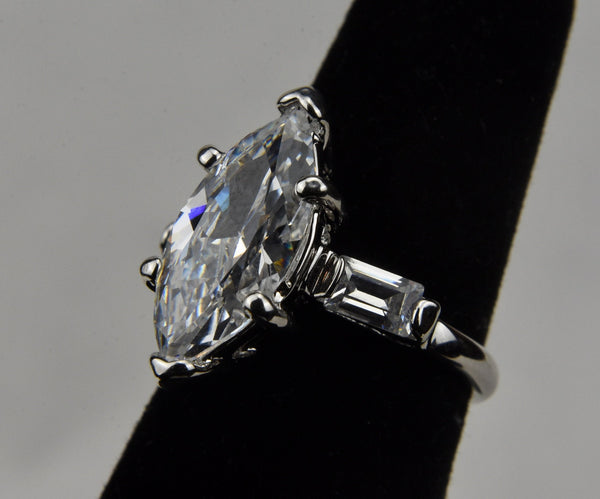 Large Clear Marquise Cut Stone Set in Sterling Silver Ring - Size 5