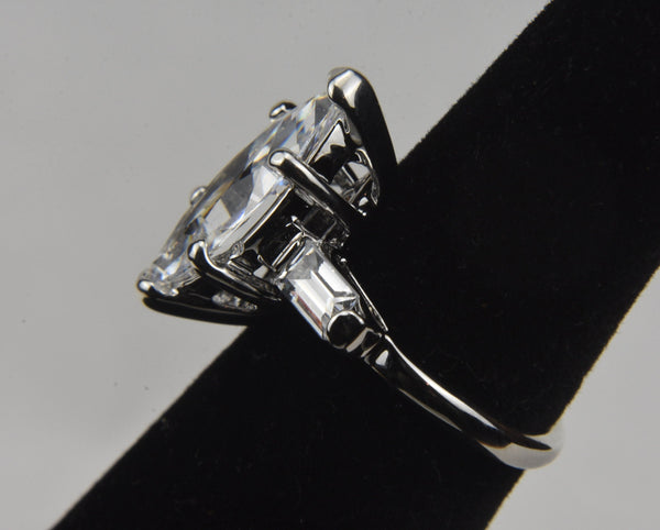 Large Clear Marquise Cut Stone Set in Sterling Silver Ring - Size 5