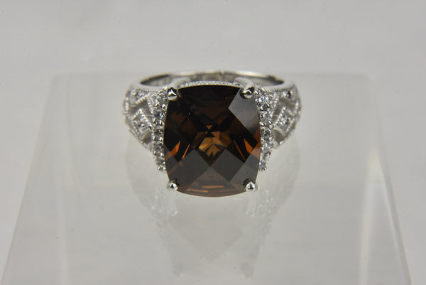 Tacori - Cushion Cut Smoky Quartz, Cubic Zirconia Sterling Silver Ring - Size 5