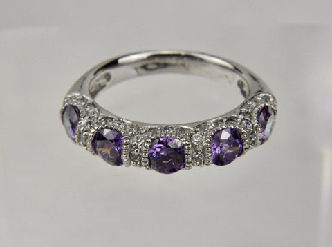 Purple and Clear Cubic Zirconia Sterling Silver Ring - Size 5
