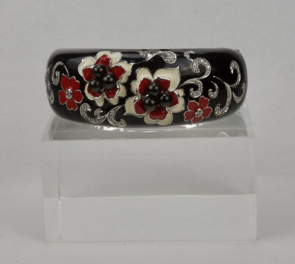 Belle Etoile - Black and Red Enamel Cubic Zirconia Hinged Floral Bracelet