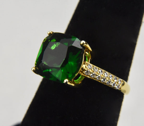 Gold Tone Sterling Silver Ring with Simulated Emerald and Diamonds - Size 6.25