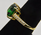 Gold Tone Sterling Silver Ring with Simulated Emerald and Diamonds - Size 6.25