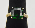 Gold Tone Sterling Silver Ring with Simulated Emerald and Diamonds - Size 6.25
