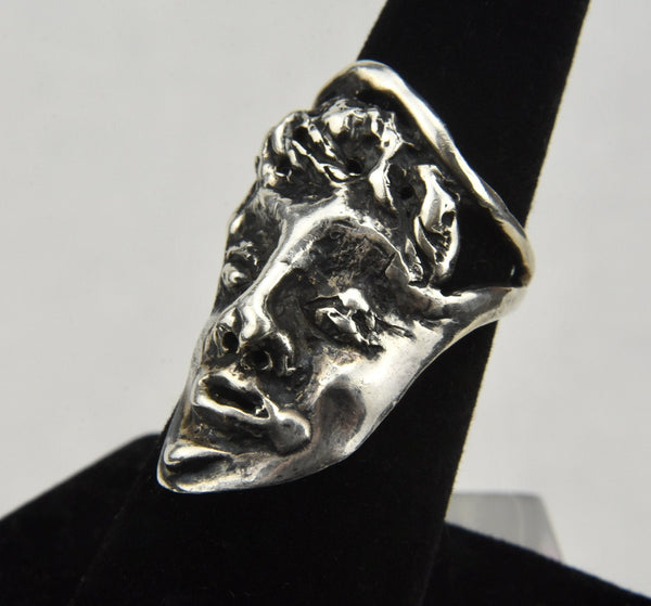Sterling Silver Handmade Artisan Face Ring - Size 6.5