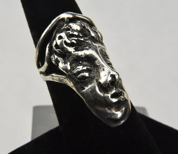Sterling Silver Handmade Artisan Face Ring - Size 6.5