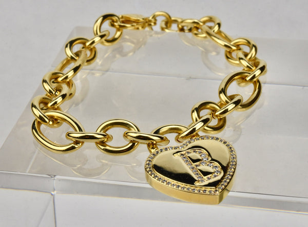 Gold Tone Stainless Steel Chain Bracelet with "B" Heart Rhinestone Charm