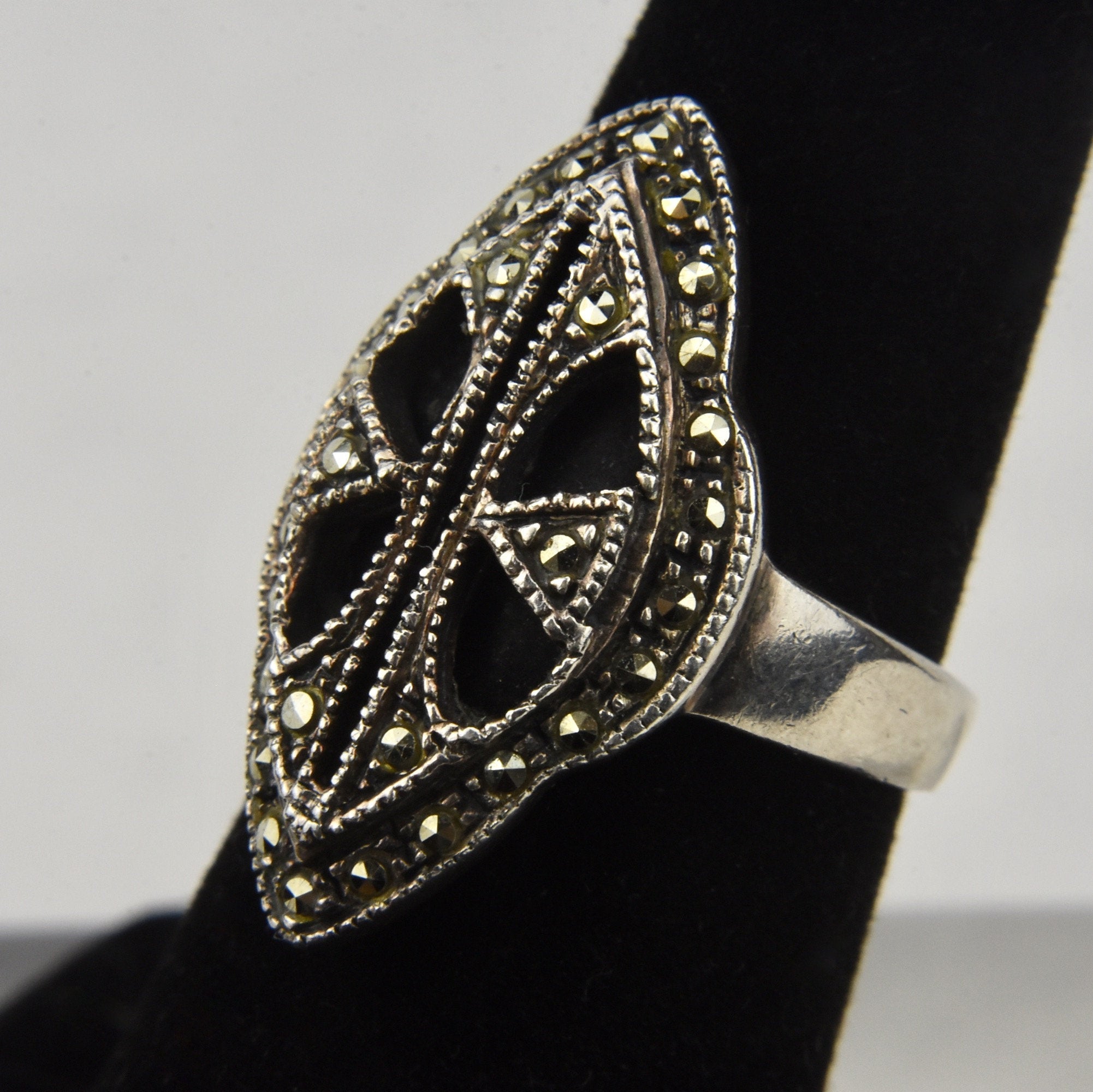 Art Deco Sterling Silver Black Onyx and Marcasite Ring - Size 6