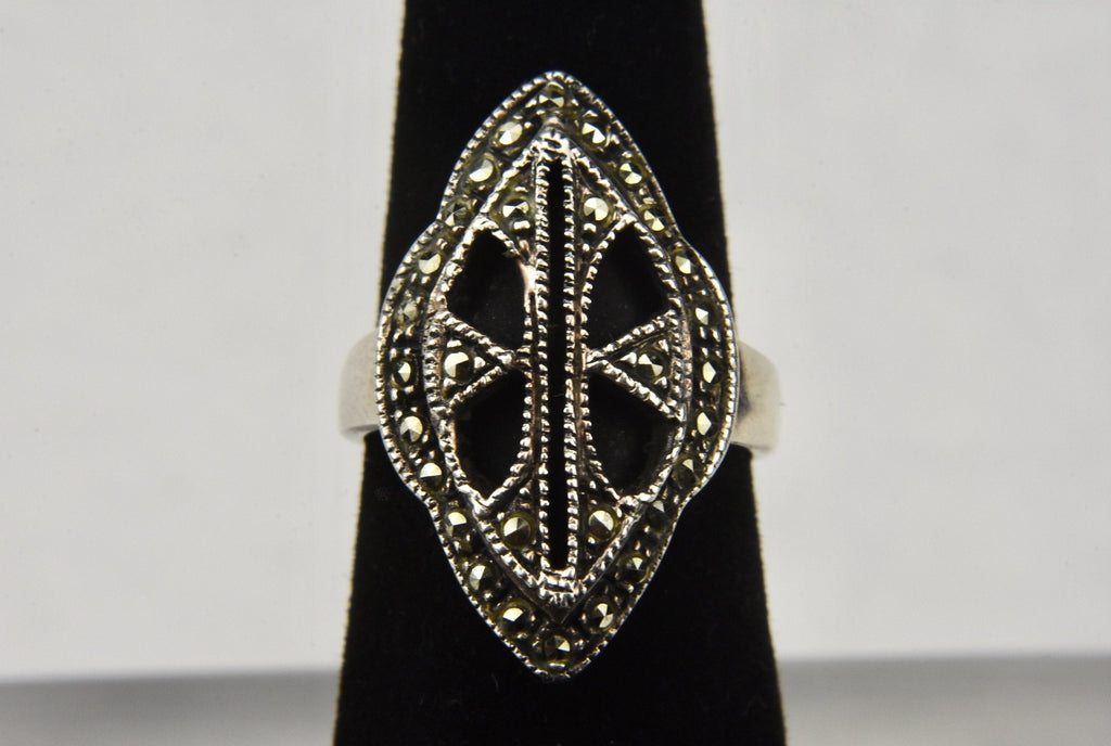 Art Deco Sterling Silver Black Onyx and Marcasite Ring - Size 6