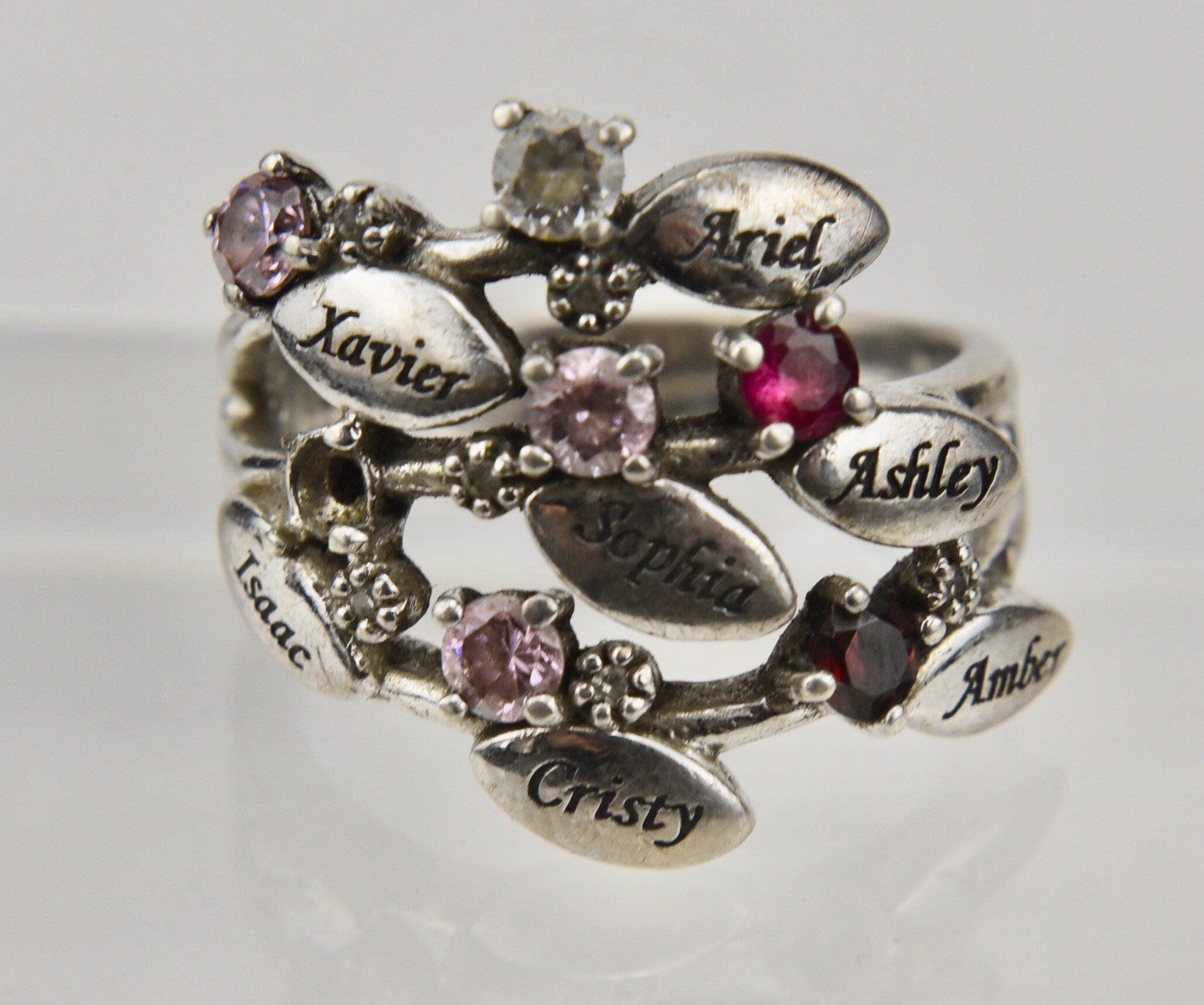 Sterling Silver Colored Stone Family Tree Ring - Size 6