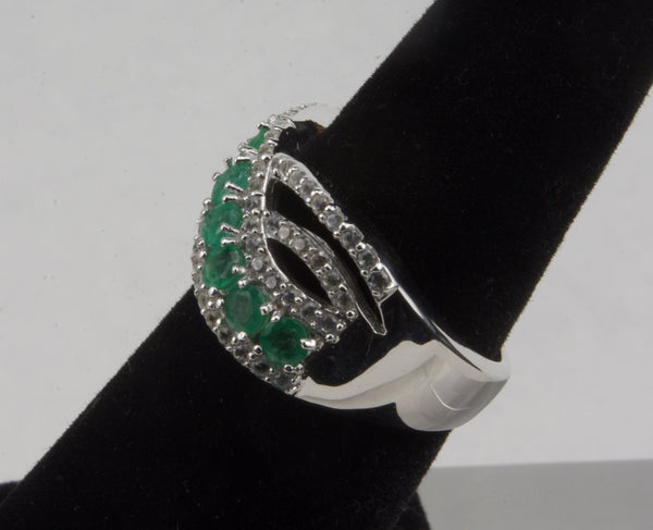Zambian Emerald, Natural White Zircon Ring in Platinum Over Sterling - Size 6.25