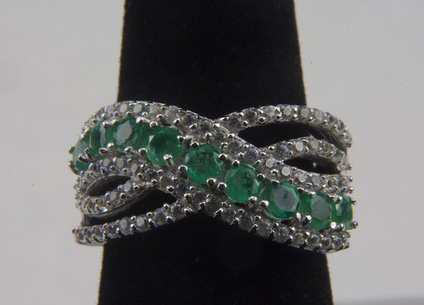 Zambian Emerald, Natural White Zircon Ring in Platinum Over Sterling - Size 6.25