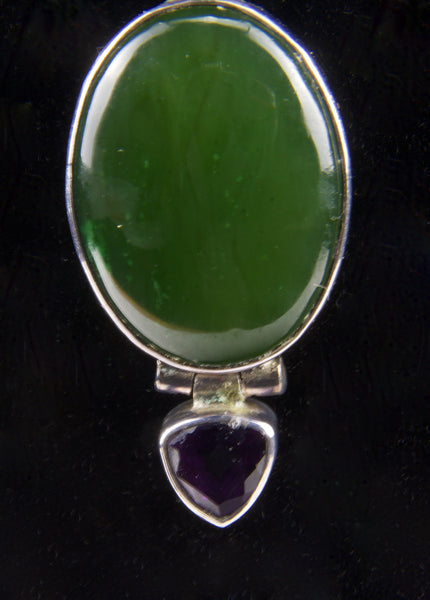 Beautiful Azurite/Malachite, Nephrite Jade, and Amethyst Sterling Pendant on Sterling Silver Chain