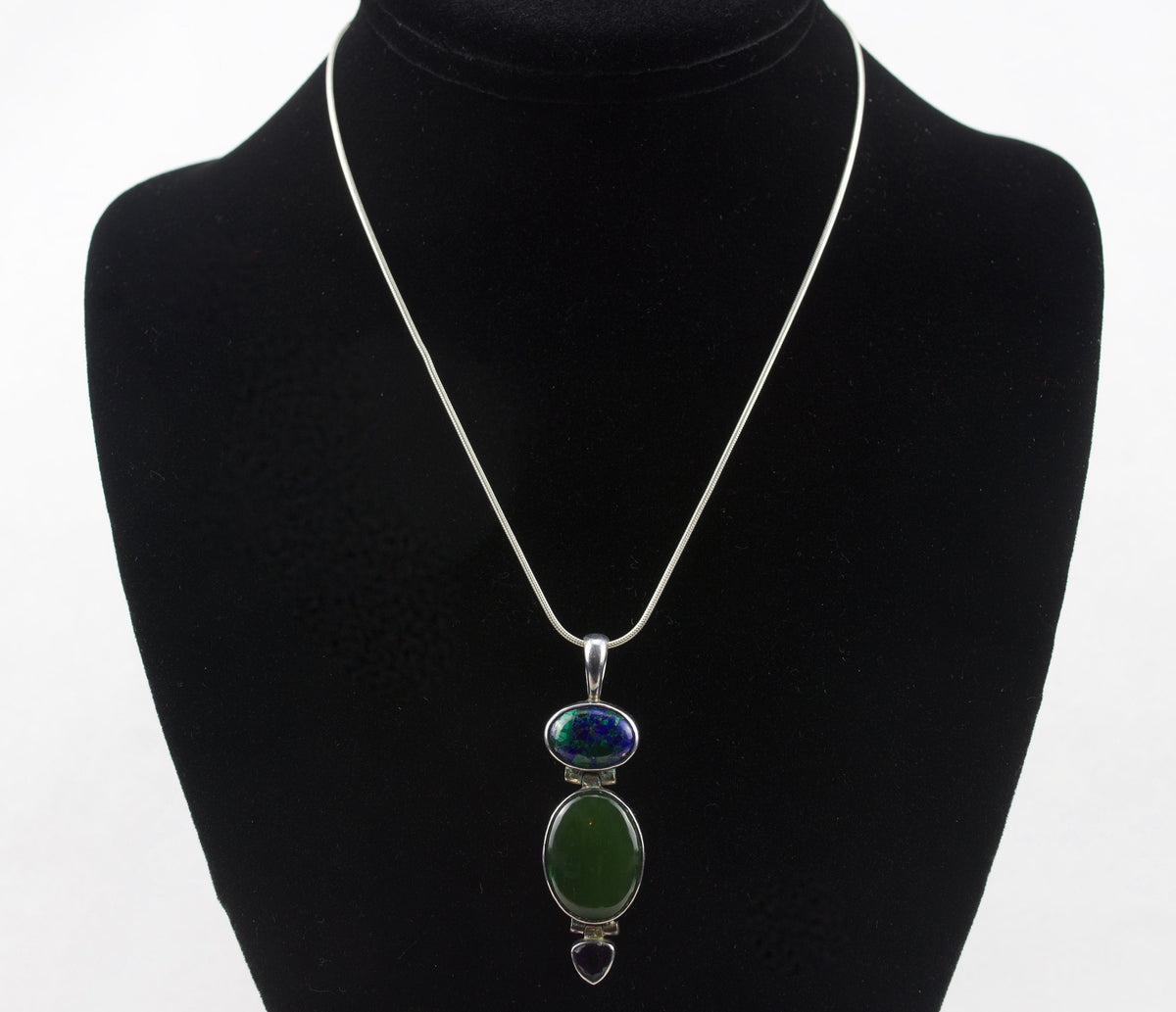 Beautiful Azurite/Malachite, Nephrite Jade, and Amethyst Sterling Pendant on Sterling Silver Chain