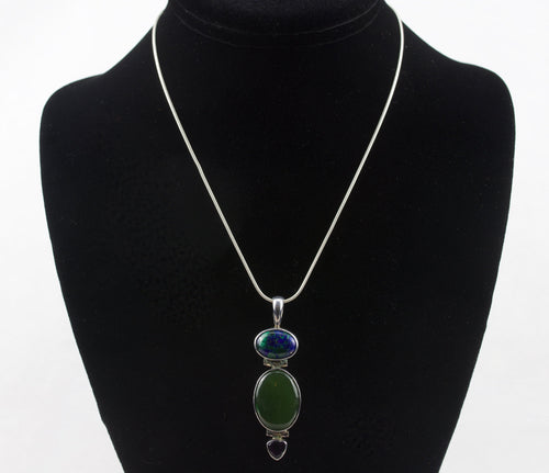 Beautiful Azurite/Malachite, Nephrite Jade, and Amethyst Sterling Pendant on Sterling Silver Chain