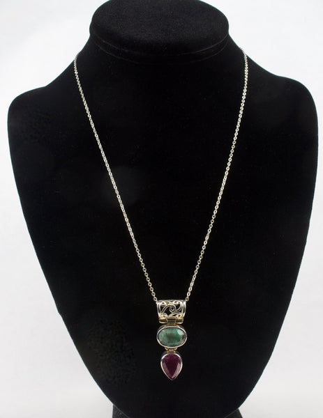Emerald and Ruby Sterling Silver Pendant on Sterling Silver Chain