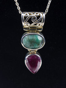 Emerald and Ruby Sterling Silver Pendant on Sterling Silver Chain