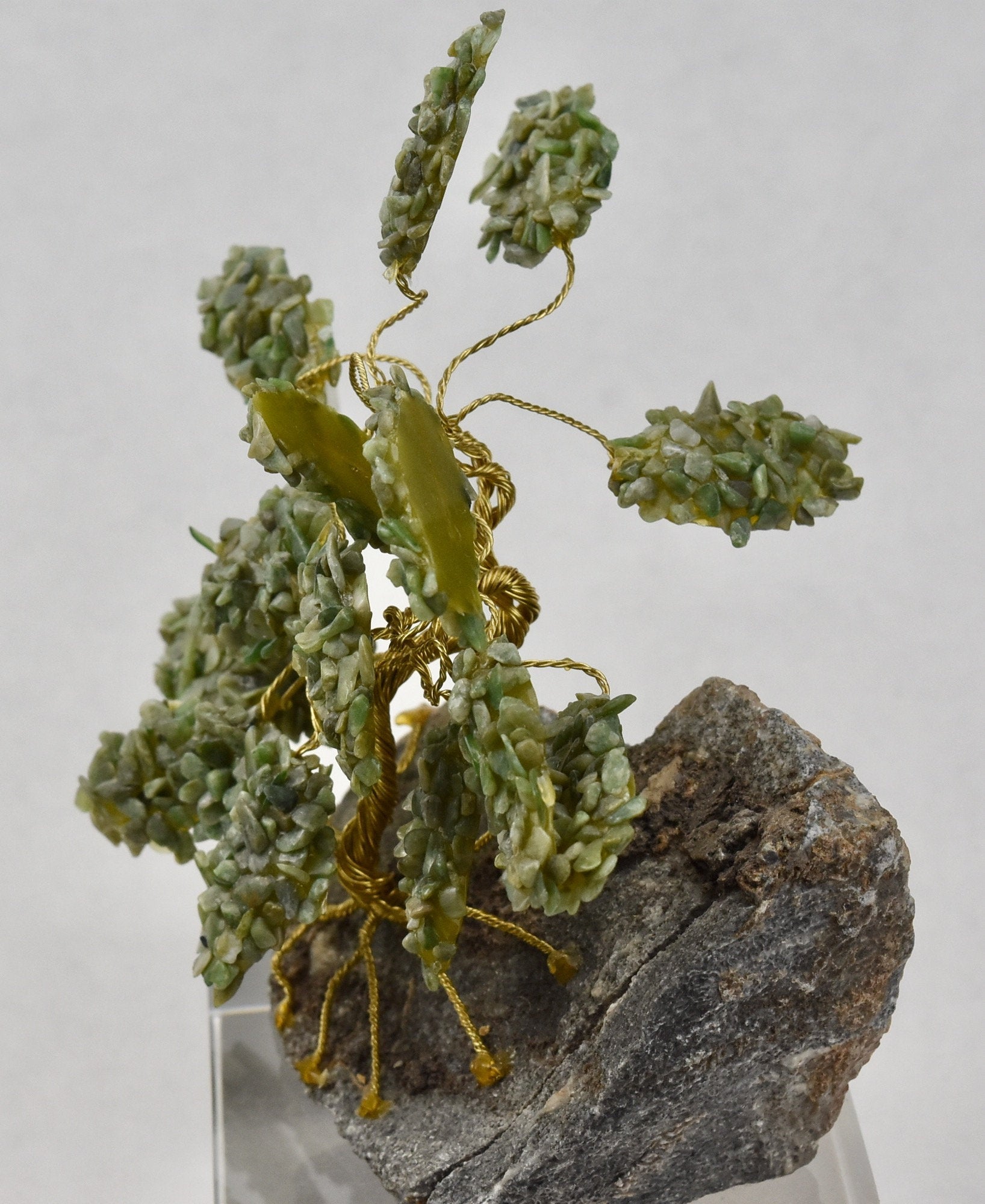 Jade and Metal Wire Bonsai Tree on Rock Base
