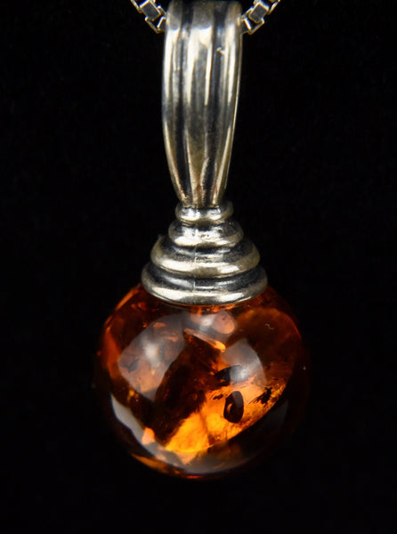 Sterling Baltic Amber Pendant on Italian Box Link Silver Chain - 16"