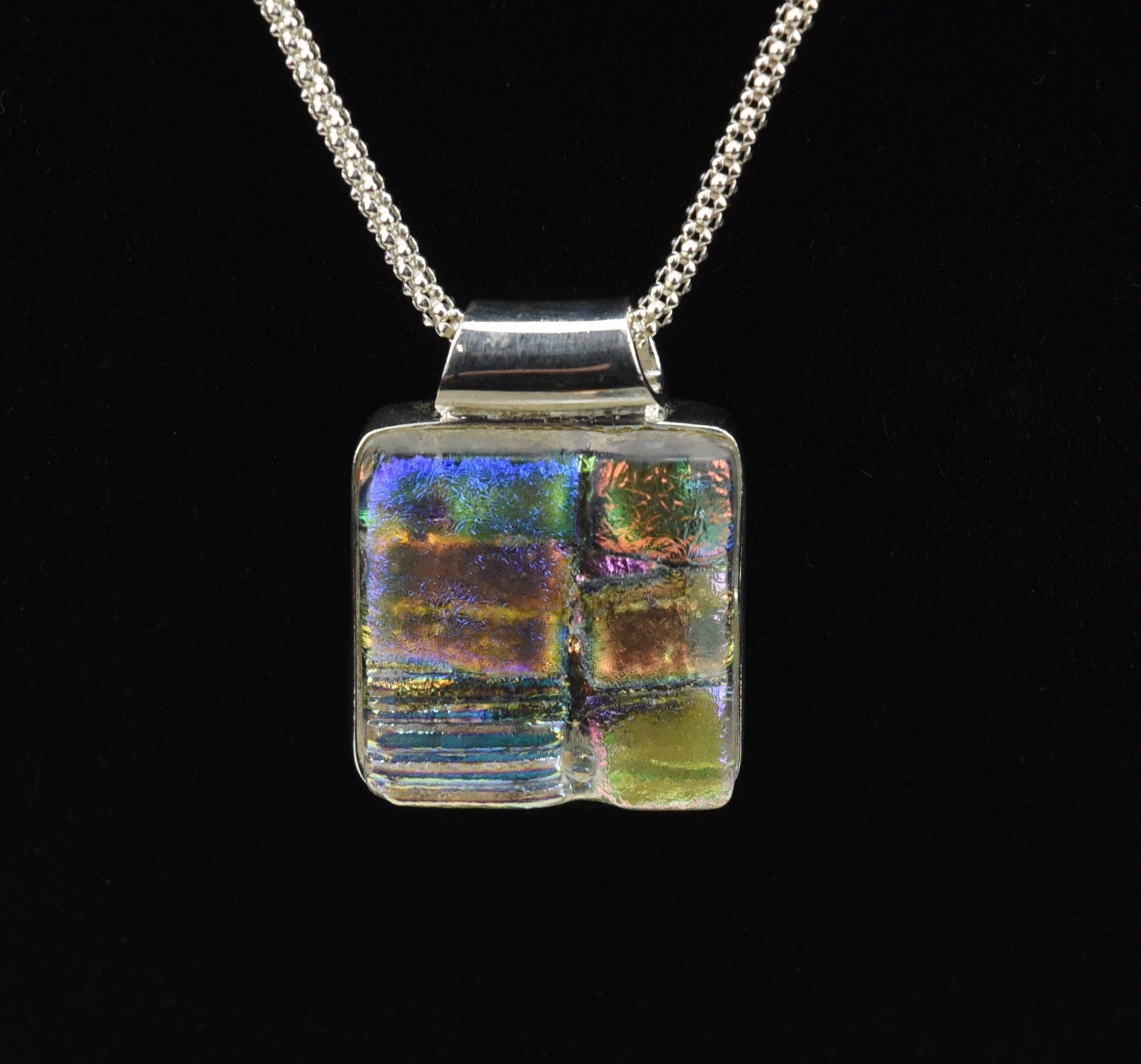 Hi-Ho Silver - Dichroic Glass Sterling Silver Pendant on Sterling Silver Popcorn Link Chain