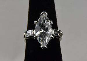Large Clear Marquise Cut Stone Set in Sterling Silver Ring - Size 5