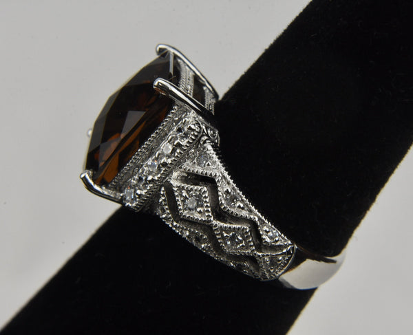 Tacori - Cushion Cut Smoky Quartz, Cubic Zirconia Sterling Silver Ring - Size 5