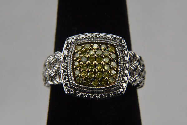Braided Sterling Silver Green Pave Set Diamond Cushion Ring - Size 6