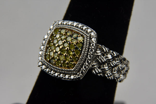 Braided Sterling Silver Green Pave Set Diamond Cushion Ring - Size 6