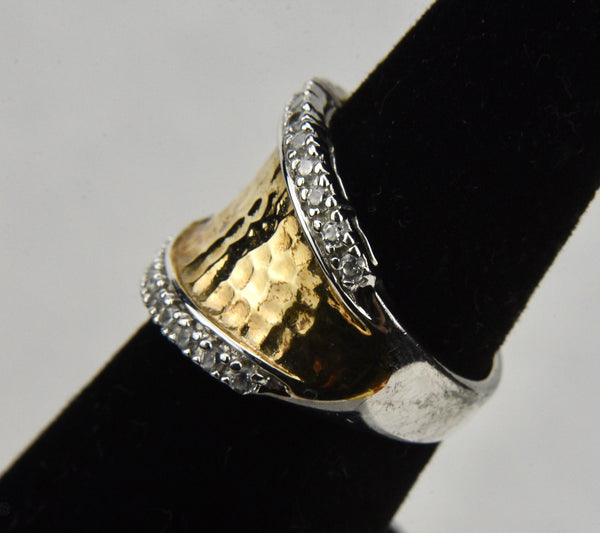 Cubic Zirconia Sterling Silver and Gold Tone Hammered Ring - Size 5