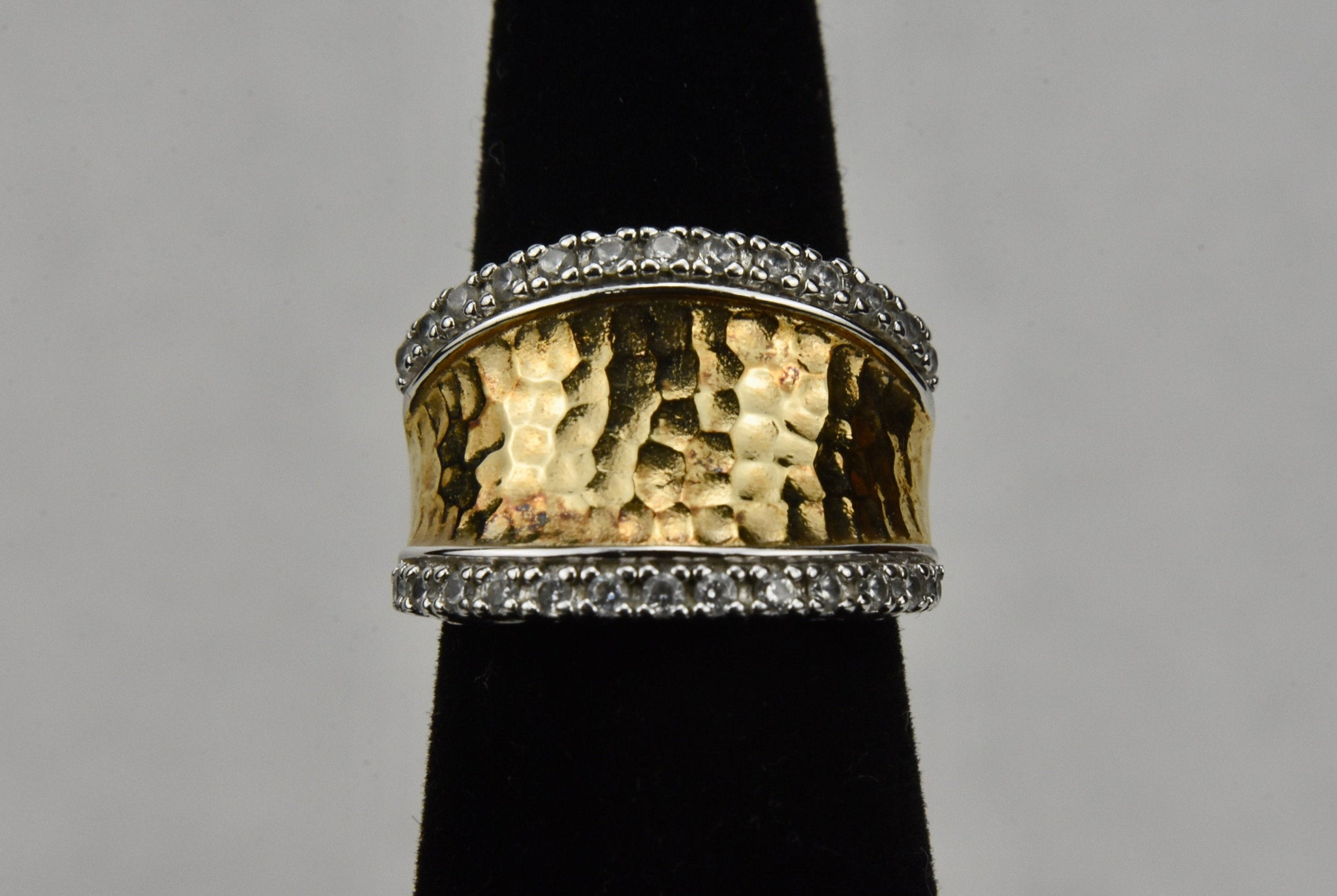 Cubic Zirconia Sterling Silver and Gold Tone Hammered Ring - Size 5