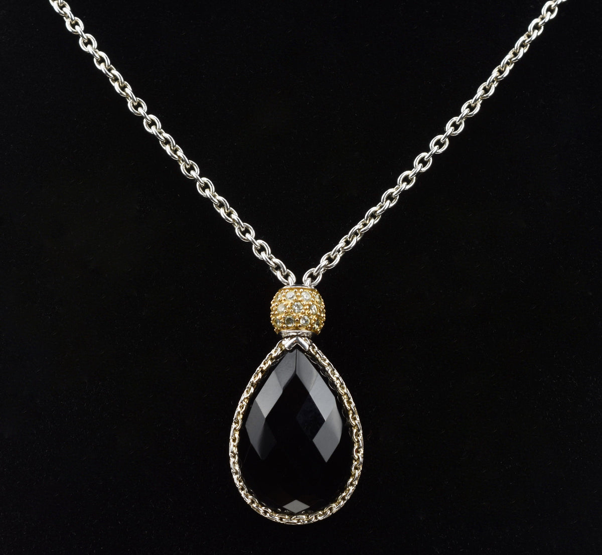 Black Onyx Sterling Silver Cubic Zirconia Pendant Chain Necklace