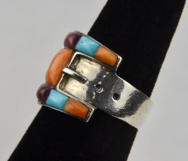 Navajo Sterling Silver Inlaid Belt Buckle Ring - Size 5