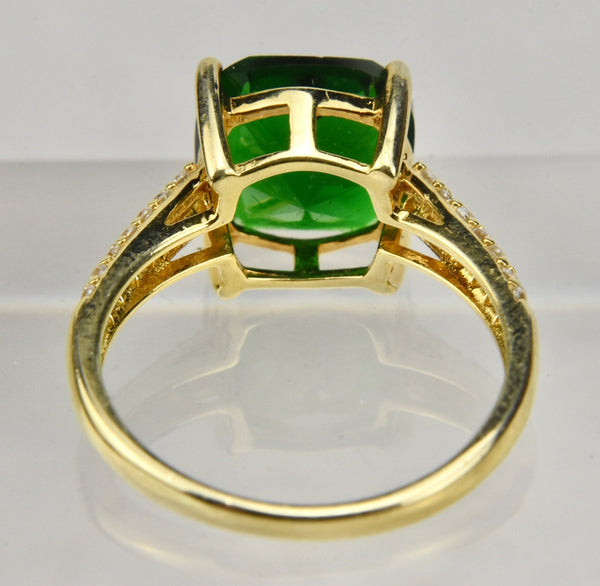 Gold Tone Sterling Silver Ring with Simulated Emerald and Diamonds - Size 6.25