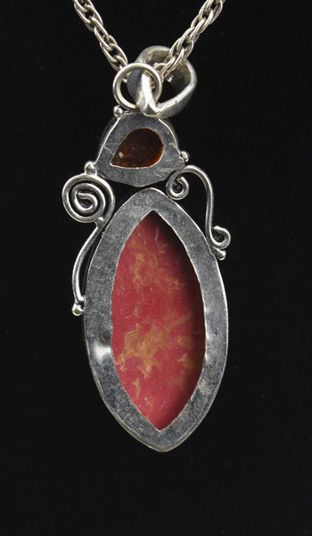 Imperial Red Jasper and Amber Pendant on Sterling Silver Chain Necklace